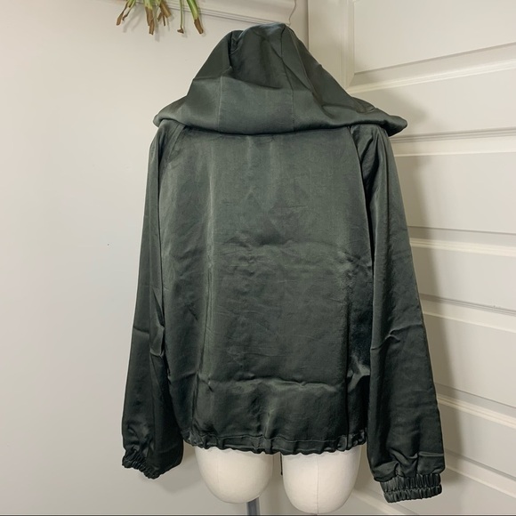 Zara Satin Bomber Jacket Green Hooded Zip Up Green Sz M Relaxed Fit Y2K - Picture 7 of 15
